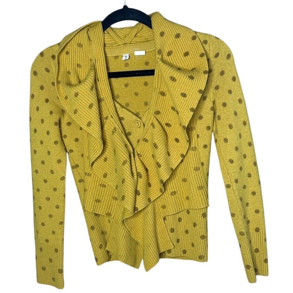 Anthropologie Moth Van Wrinkle Mustard Gold Dot Ruffle Cardigan Sweater Size XS